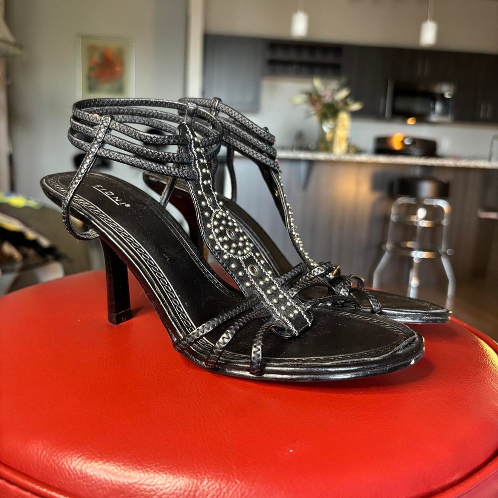 Y2K Black Studded Strappy Heels Rhinestone T Strap Ankle Wrap 🍒